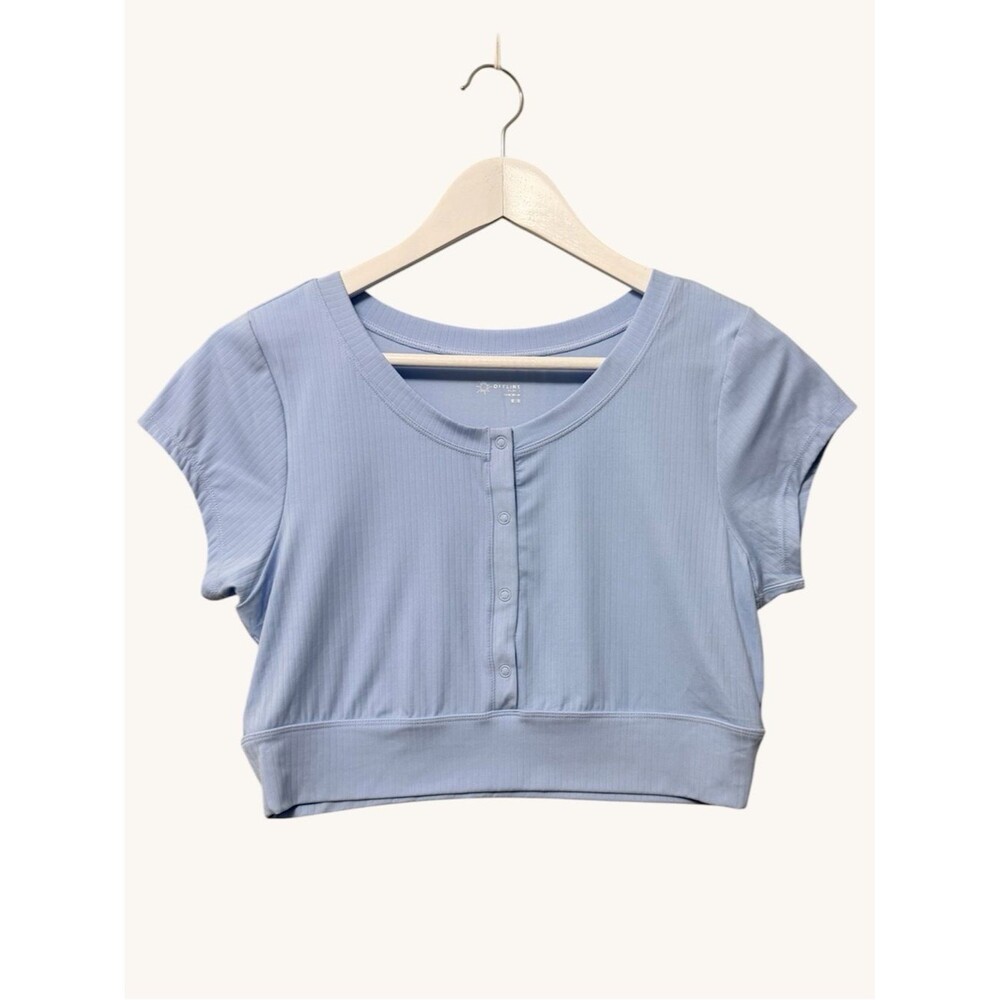 Aerie Offline Light Blue Ribbed Cropped Snap Up Tee NWT Size Medium Short Sleeve